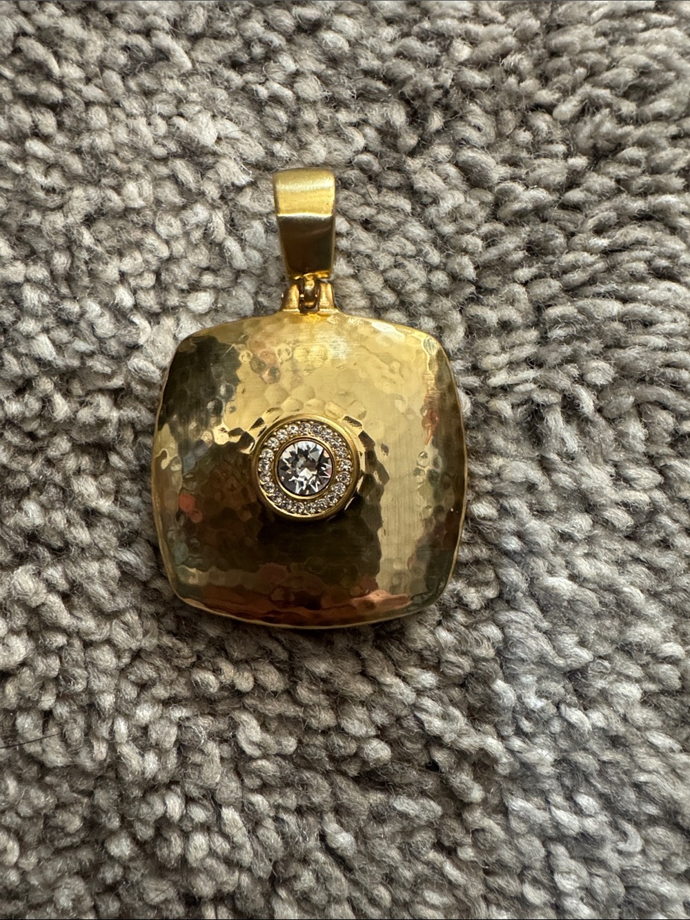 Source Unknown Gold-Tone Hammered Square Pendant with Clear Crystal